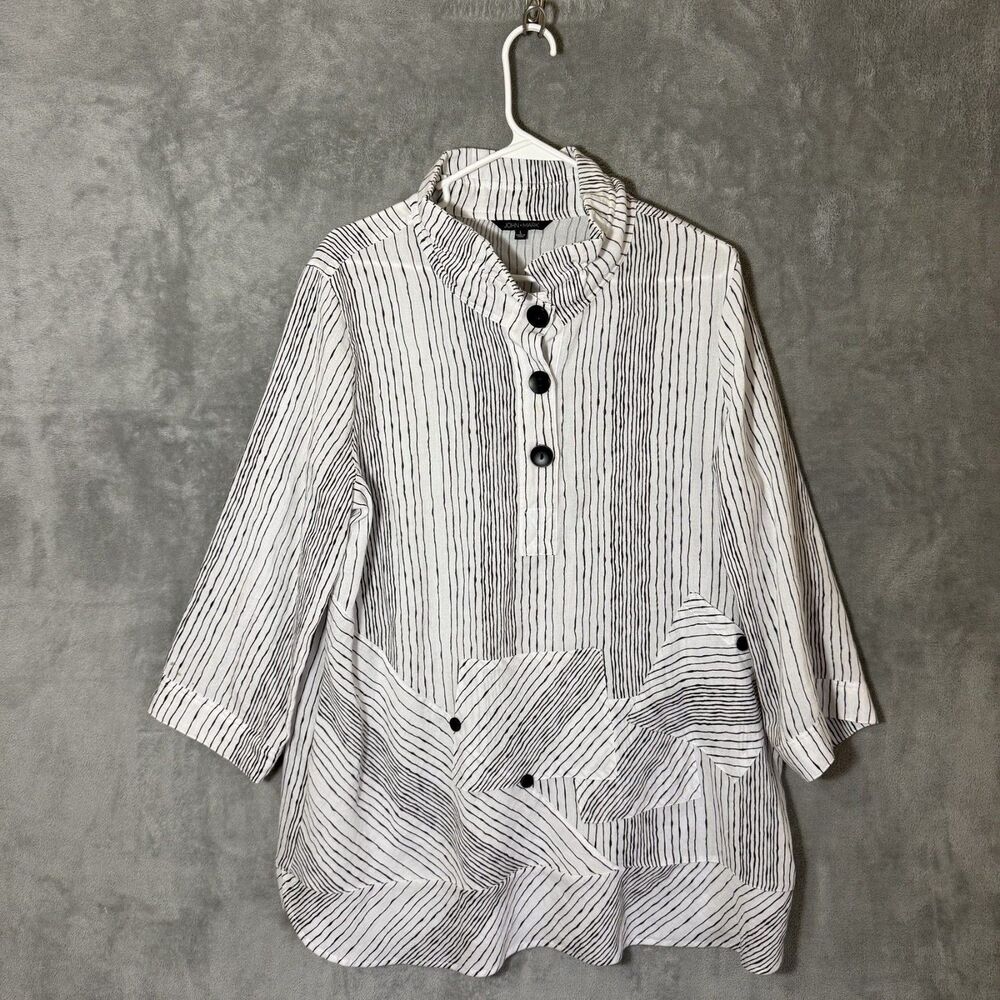 John Mark Top L Black White Striped Button Front Tunic Lagenlook Artsy READ